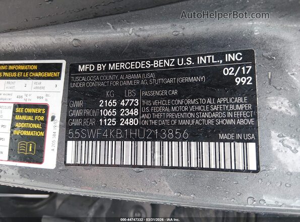 55SWF4KB1HU213856 2017 MERCEDES-BENZ C-CLASS Серый Вид подкапотного пространства