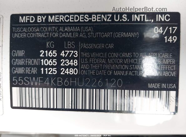 55SWF4KB6HU226120 2017 MERCEDES-BENZ C-CLASS White Շարժիչի բաժամունքի տեսք
