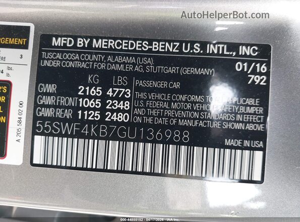 55SWF4KB7GU136988 2016 MERCEDES-BENZ C-CLASS Gray Вид підкапотного простору