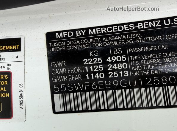 55SWF6EB9GU125806 2016 MERCEDES-BENZ C White Вид наклейки з VIN-кодом