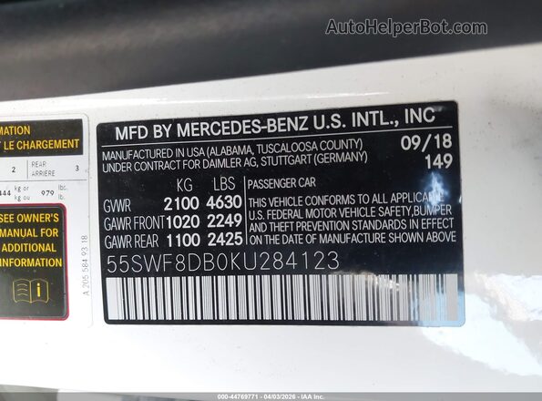 55SWF8DB0KU284123 2019 MERCEDES-BENZ C-CLASS White Engine compartment view