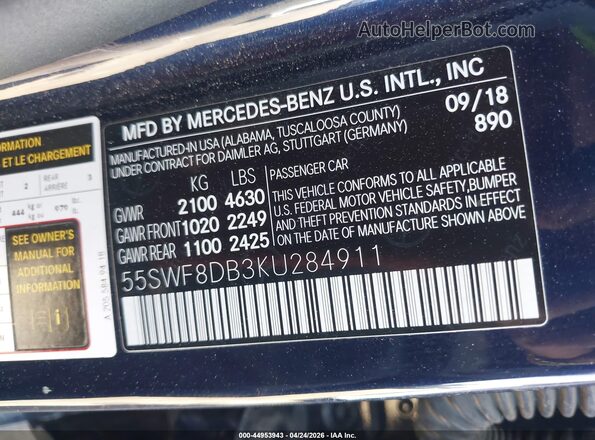 55SWF8DB3KU284911 2019 MERCEDES-BENZ C-CLASS Blue Widok komory silnika