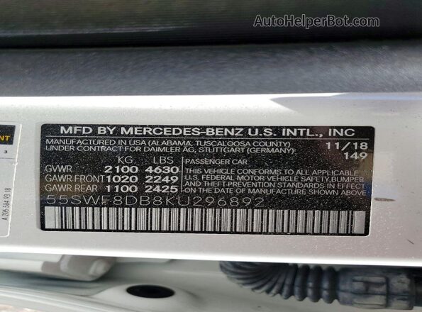 55SWF8DB8KU296892 2019 MERCEDES-BENZ C White ძრავის განყოფილების ხედი