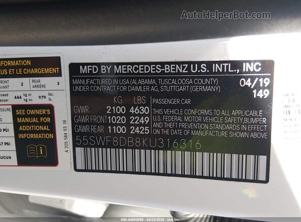 55SWF8DB8KU316316 2019 MERCEDES-BENZ C-CLASS White Widok komory silnika