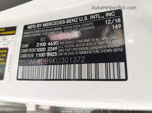 55SWF8DB9KU301372 2019 MERCEDES-BENZ C-CLASS White Vista del compartimento del motor