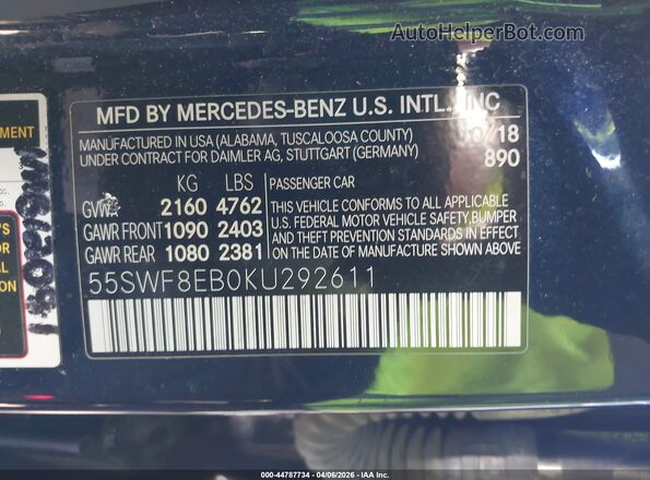 55SWF8EB0KU292611 2019 MERCEDES-BENZ C-CLASS Blue Widok komory silnika