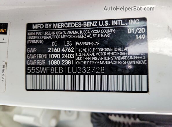 55SWF8EB1LU332728 2020 MERCEDES-BENZ C White ძრავის განყოფილების ხედი