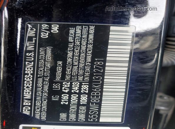 55SWF8EB6KU312781 2019 MERCEDES-BENZ C Black VIN კოდის სტიკერის ხედი