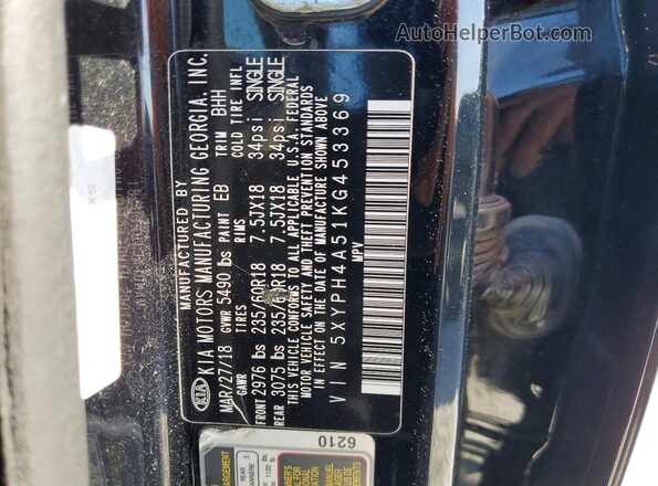 5XYPH4A51KG453369 2019 KIA SORENTO Черный Панорамный вид салона 360°