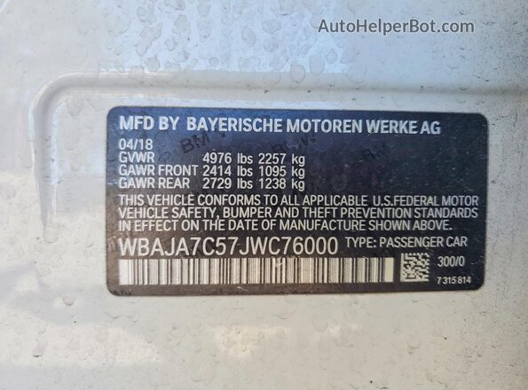 WBAJA7C57JWC76000 2018 BMW OTHER Белый Вид наклейки с VIN-кодом