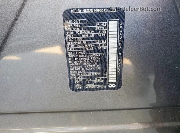 3PCAJ5BA1MF124001 2021 INFINITI QX50 Gray Widok wnętrza 360 stopni