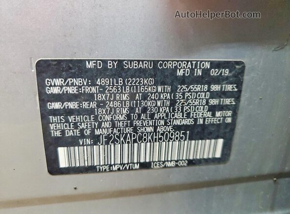 JF2SKAPC8KH509851 2019 SUBARU FORESTER Серебряный Панорамный вид салона 360°
