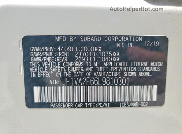 JF1VA2E66L9810301 2020 SUBARU WRX Белый Вид наклейки с VIN-кодом