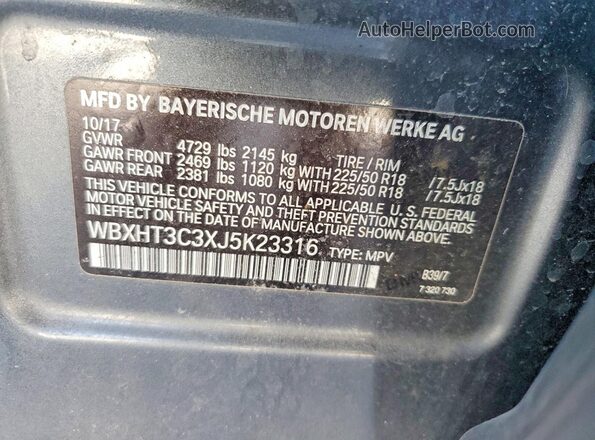 WBXHT3C3XJ5K23316 2018 BMW X1 Угольный Панорамный вид салона 360°