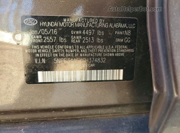 5NPE34AFXGH374832 2016 HYUNDAI SONATA Серый Вид наклейки с VIN-кодом