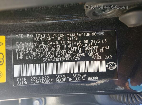 58ABZ1B13KU034217 2019 LEXUS ES Белый Вид наклейки с VIN-кодом