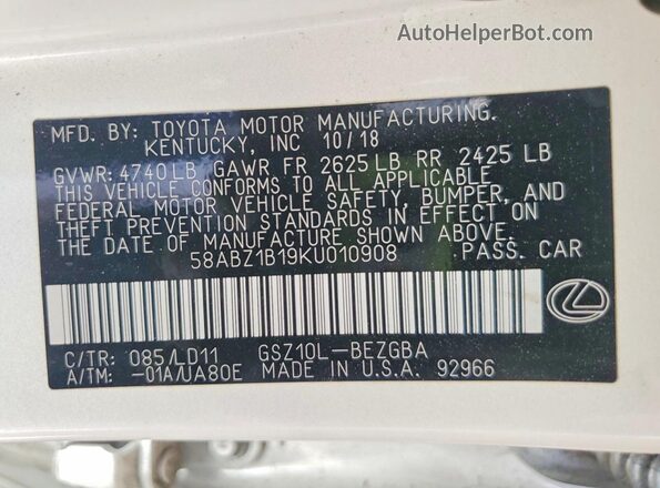 58ABZ1B19KU010908 2019 LEXUS ES Белый Вид подкапотного пространства