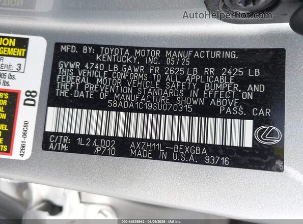 58ADA1C19SU070315 2025 LEXUS ES 300H Silver Widok komory silnika