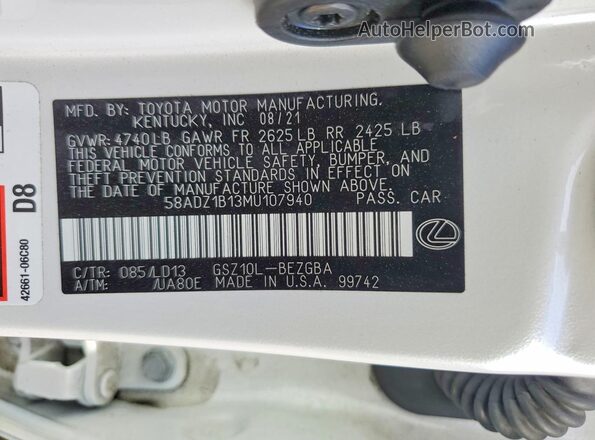 58ADZ1B13MU107940 2021 LEXUS ES White VIN sticker view