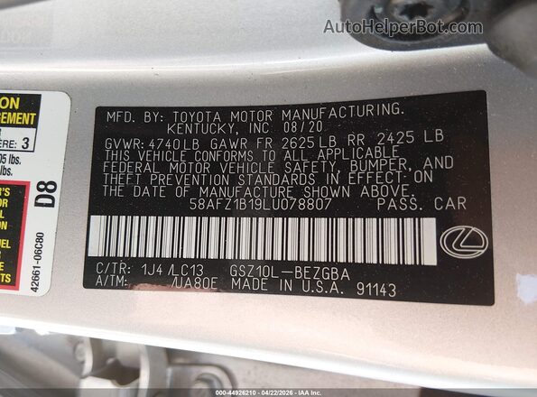 58AFZ1B19LU078807 2020 LEXUS ES 350 Черный Вид подкапотного пространства