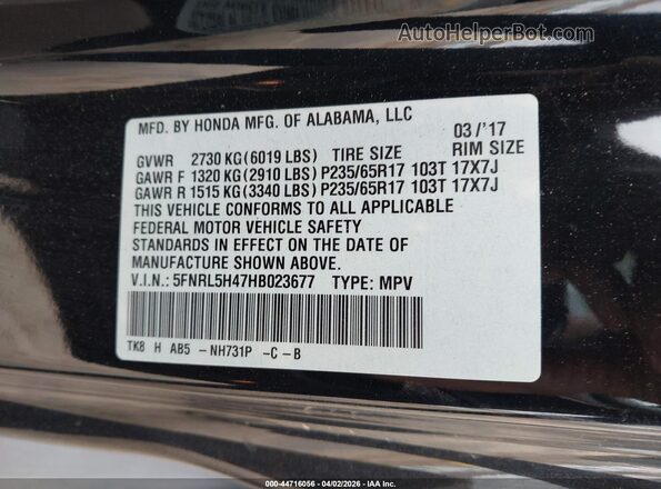 5FNRL5H47HB023677 2017 HONDA ODYSSEY Черный Вид подкапотного пространства