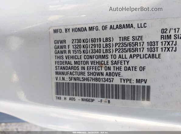 5FNRL5H67HB013457 2017 HONDA ODYSSEY Белый Вид подкапотного пространства