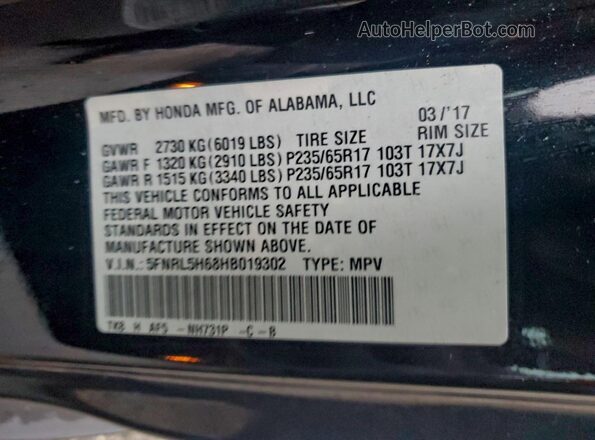 5FNRL5H68HB019302 2017 HONDA ODYSSEY Черный Вид наклейки с VIN-кодом