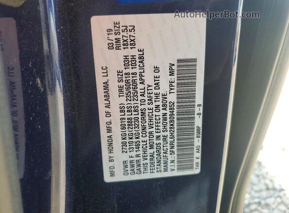5FNRL6H28KB094852 2019 HONDA ODYSSEY Blue Widok wnętrza 360 stopni