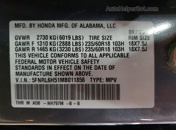 5FNRL6H51MB011856 2021 HONDA ODYSSEY Gray Vista de la etiqueta del VIN