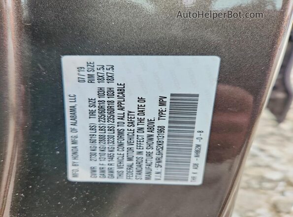 5FNRL6H52KB131968 2019 HONDA ODYSSEY Gray Vista de la etiqueta del VIN