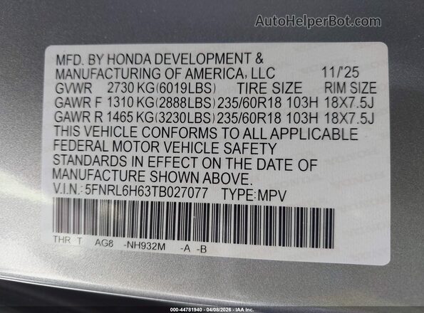 5FNRL6H63TB027077 2026 HONDA ODYSSEY Silver Widok komory silnika