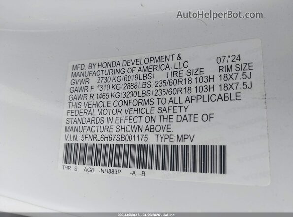 5FNRL6H67SB001175 2025 HONDA ODYSSEY Белый Вид подкапотного пространства