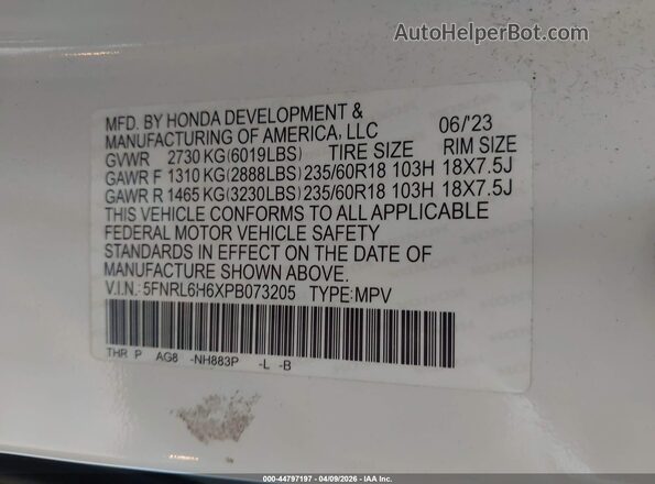5FNRL6H6XPB073205 2023 HONDA ODYSSEY White Вид підкапотного простору