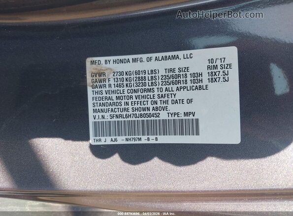 5FNRL6H70JB050452 2018 HONDA ODYSSEY Gray Vista del compartimento del motor