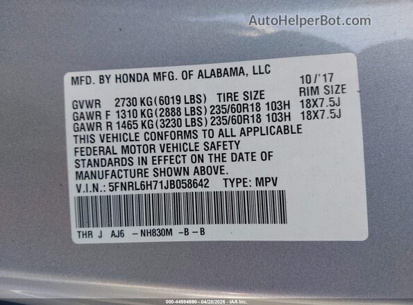 5FNRL6H71JB058642 2018 HONDA ODYSSEY Silver Widok komory silnika