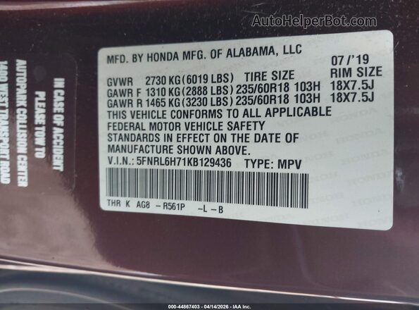 5FNRL6H71KB129436 2019 HONDA ODYSSEY Maroon Vista del compartimento del motor