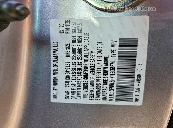 5FNRL6H71LB059874 2020 HONDA ODYSSEY Silver Widok naklejki z numerem VIN