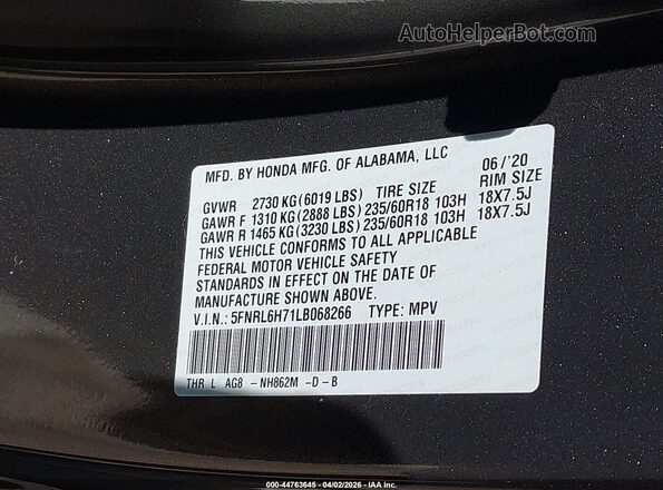 5FNRL6H71LB068266 2020 HONDA ODYSSEY Серый Вид подкапотного пространства