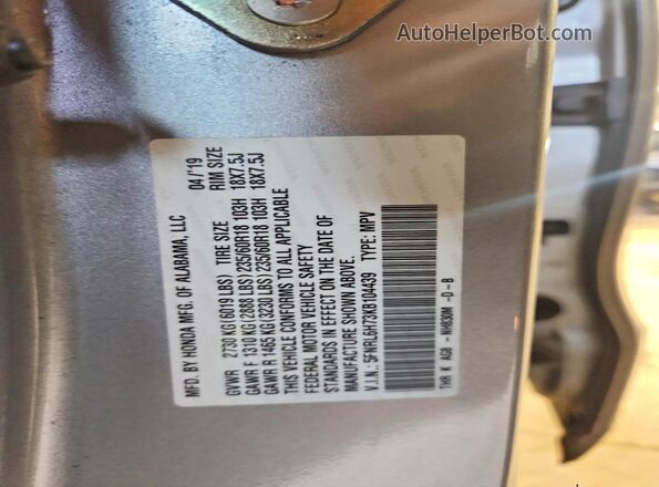 5FNRL6H73KB104439 2019 HONDA ODYSSEY Gray Widok naklejki z numerem VIN
