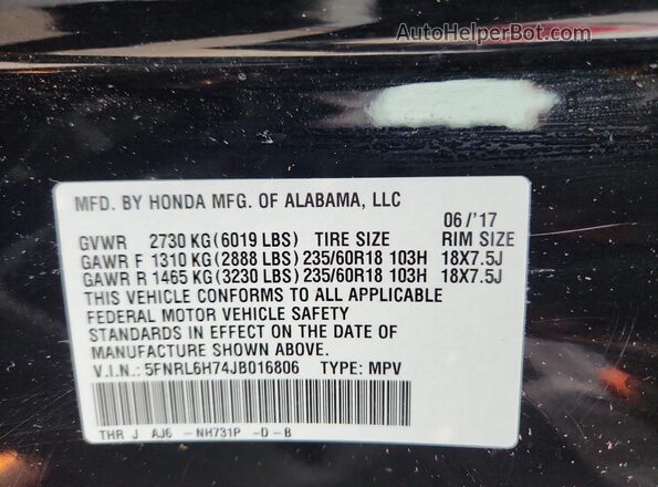 5FNRL6H74JB016806 2018 HONDA ODYSSEY Black Widok naklejki z numerem VIN