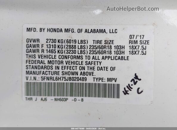 5FNRL6H75JB020489 2018 HONDA ODYSSEY White ძრავის განყოფილების ხედი
