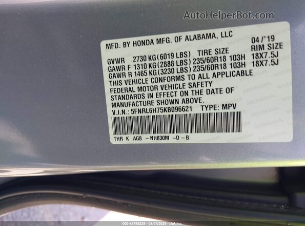 5FNRL6H75KB096621 2019 HONDA ODYSSEY Silver Շարժիչի բաժամունքի տեսք
