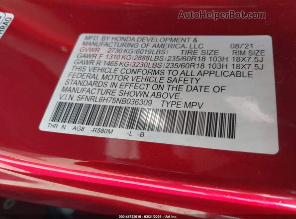 5FNRL6H75NB036309 2022 HONDA ODYSSEY Красный Вид подкапотного пространства