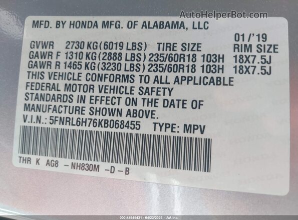 5FNRL6H76KB068455 2019 HONDA ODYSSEY Gray Vista del compartimento del motor