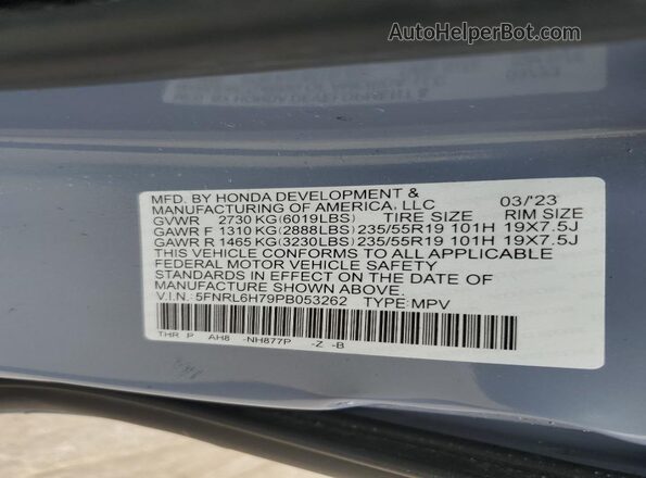 5FNRL6H79PB053262 2023 HONDA ODYSSEY Blue Widok naklejki z numerem VIN