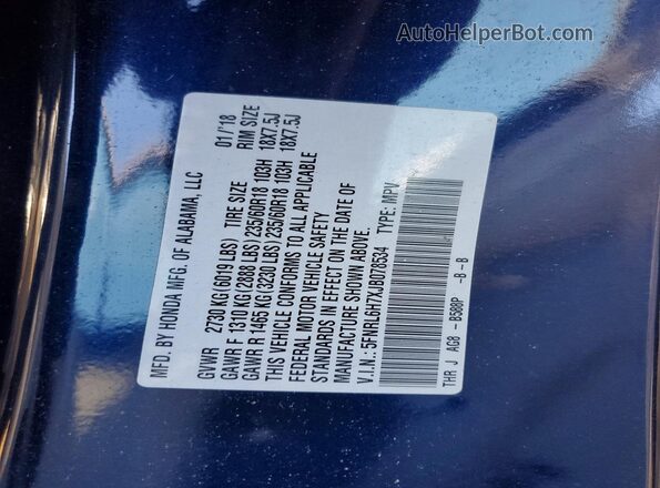 5FNRL6H7XJB078534 2018 HONDA ODYSSEY Blue Widok naklejki z numerem VIN