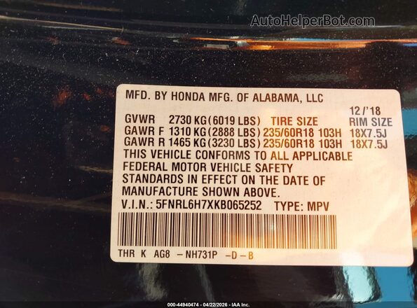 5FNRL6H7XKB065252 2019 HONDA ODYSSEY Черный Вид подкапотного пространства