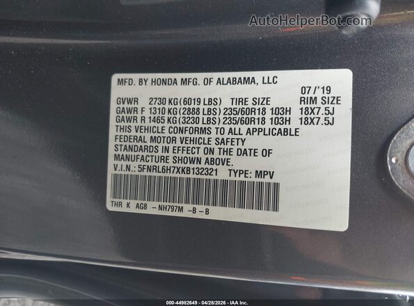 5FNRL6H7XKB132321 2019 HONDA ODYSSEY Gray Вид підкапотного простору