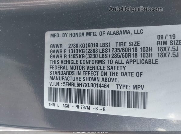 5FNRL6H7XLB014464 2020 HONDA ODYSSEY Gray ძრავის განყოფილების ხედი