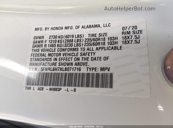 5FNRL6H7XLB071716 2020 HONDA ODYSSEY White Engine compartment view